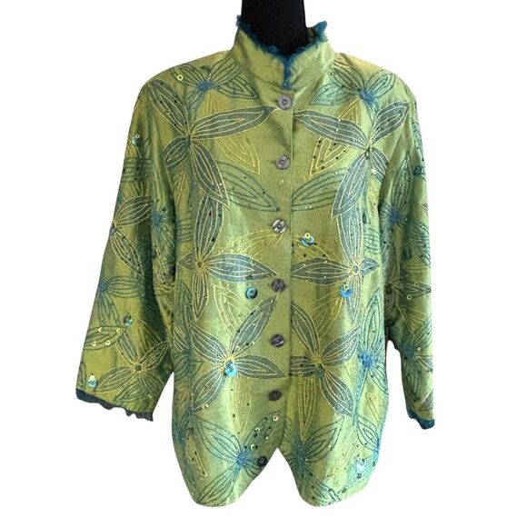 Anage Jacket Button Up 100% Silk Green Embroidered Beaded Flower Art - Picture 1 of 9